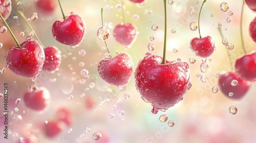 Floating cherries in soda water, surrounded by glittering air bubbles with vivid highlights and deep red tones