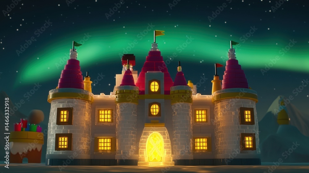 Fototapeta premium Enchanted Castle Under Aurora Borealis Night Sky a Whimsical Winter Wonderland with Building Blocks Fantasy Architecture