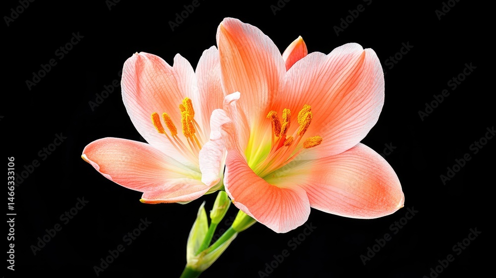 Fototapeta premium Isolated macro of a tiny blooming flower, soft petals wrapping around a bold orange stamen on a clean, dark background