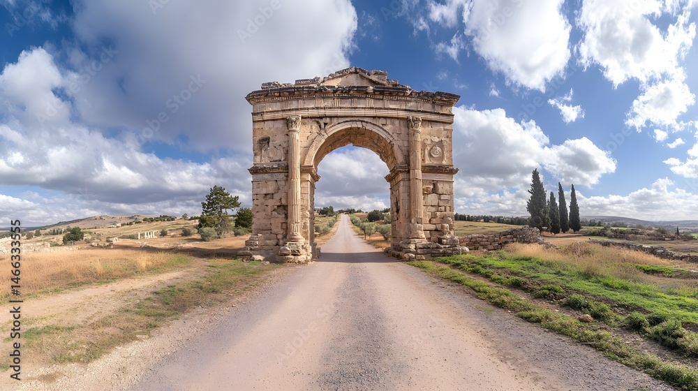 Fototapeta premium The grand entrance to the Roman city of Jerash, with its triumphal arch and columns lining the ancient roads