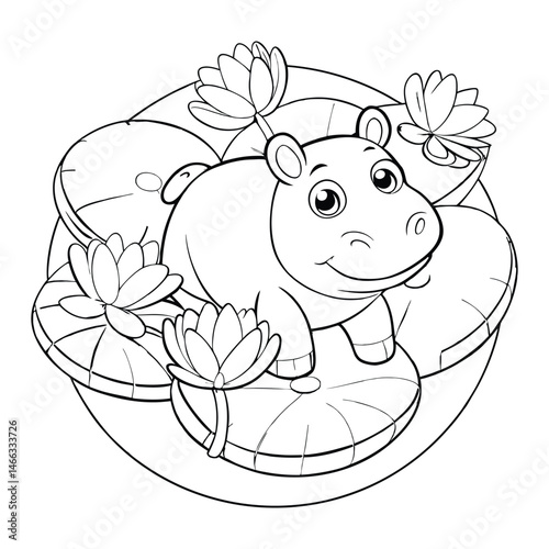 Hippo Floating in a Lily Pond with Dragonflies