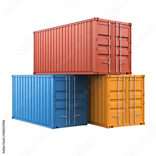 Stacked colorful shipping containers in red, blue, and yellow on a transparent background Concept of global trade, logistics, and international transport