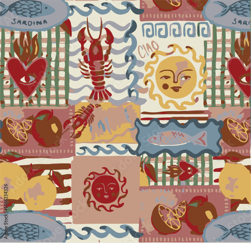 Trendy seamless Summer Tropical Bliss Vacation Seamless pattern. Summer fruit, badges , Sticker , Oranges , flower, Lobster ,banana, vector, Design for fashion , fabric, textile, and all prints
