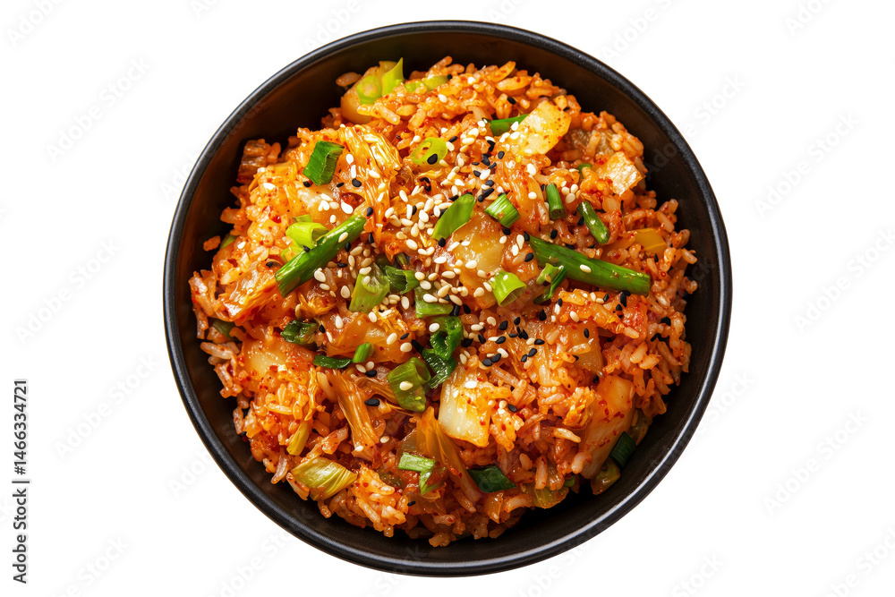 Spicy cooked kimchi fried rice topped with scallions and sesame seeds in black bowl, isolated on white transparent background, concept of Asian cuisine Spicy cooked kimchi fried rice topped with scallions and sesame seeds in black bowl, isolated on white transparent background, concept of Asian cuisine
