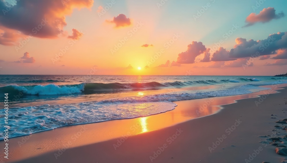 Obraz premium Tranquil beach background at sunset, soft sand, calm ocean waves , light, beautiful