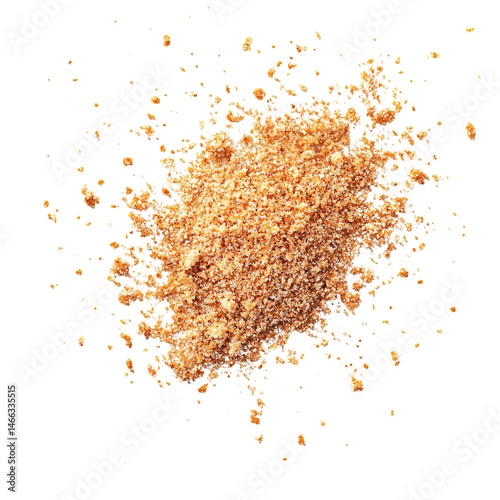 Overhead shot of golden brown graham cracker crumbs scattered on a transparent background, perfect for baking and dessert concepts