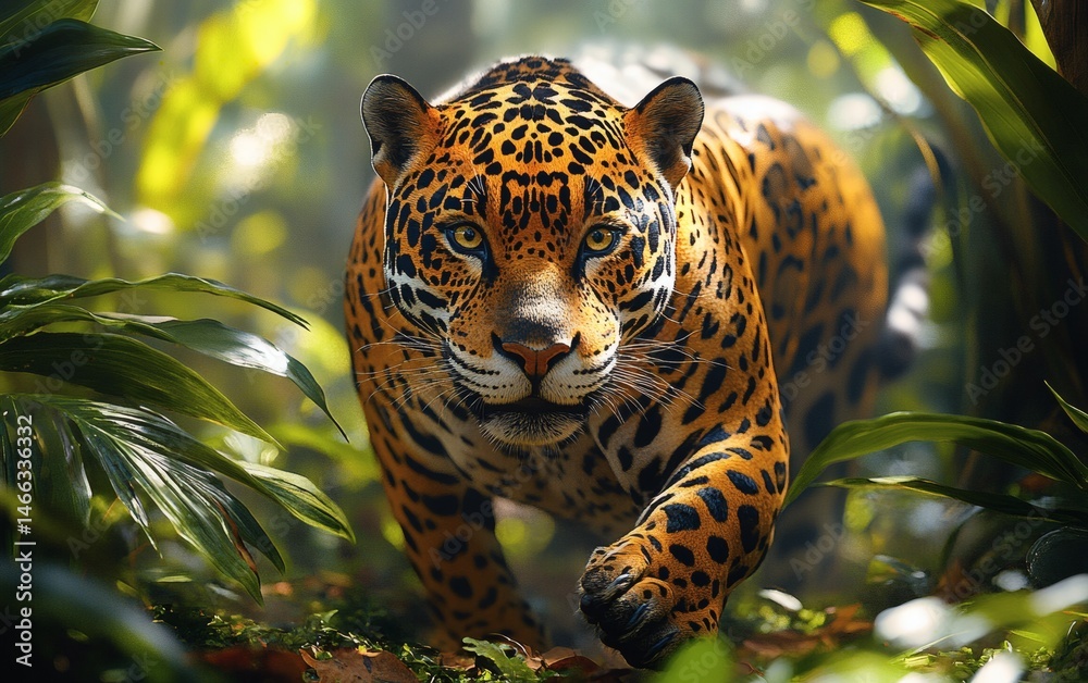 Leopard hiding in tropical foliage with focused eyes and spotted fur pattern in tense wild jungle setting