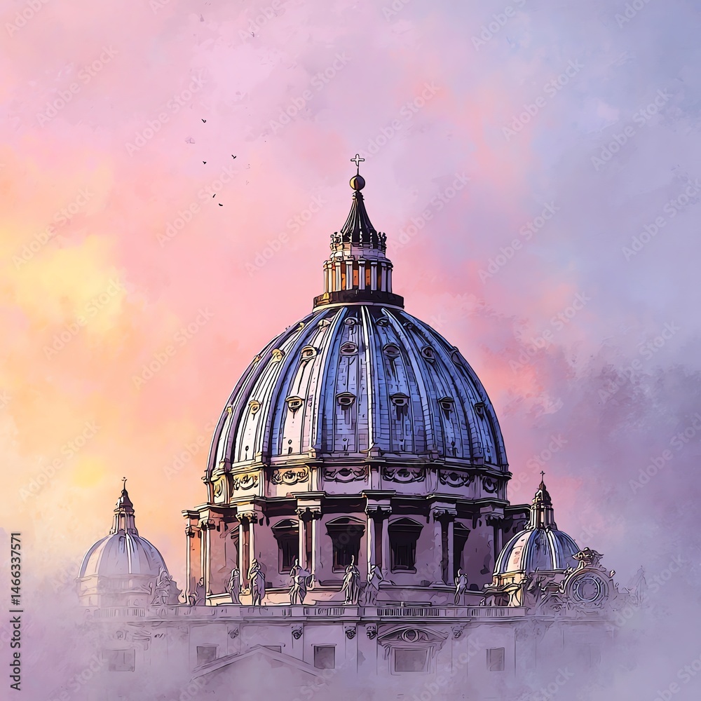 Beautiful dome of a historic building under a colorful sunset sky.