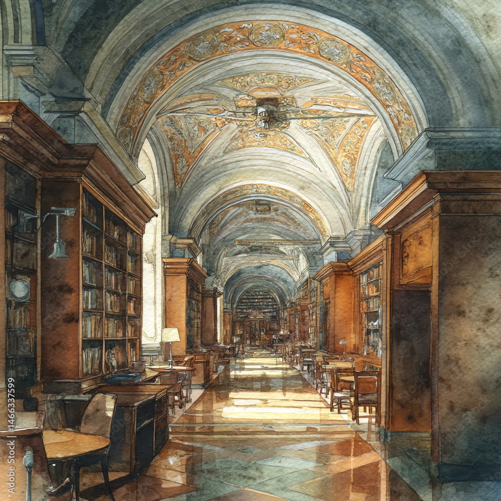 Beautiful interior of a grand library with arches and wooden shelves.