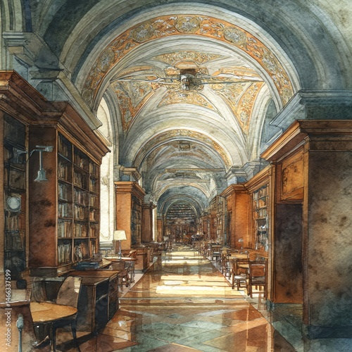 Obraz na płótnie Beautiful interior of a grand library with arches and wooden shelves. w salonie