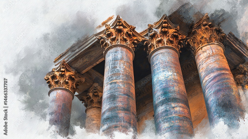 Majestic columns showcasing intricate designs against a misty background.