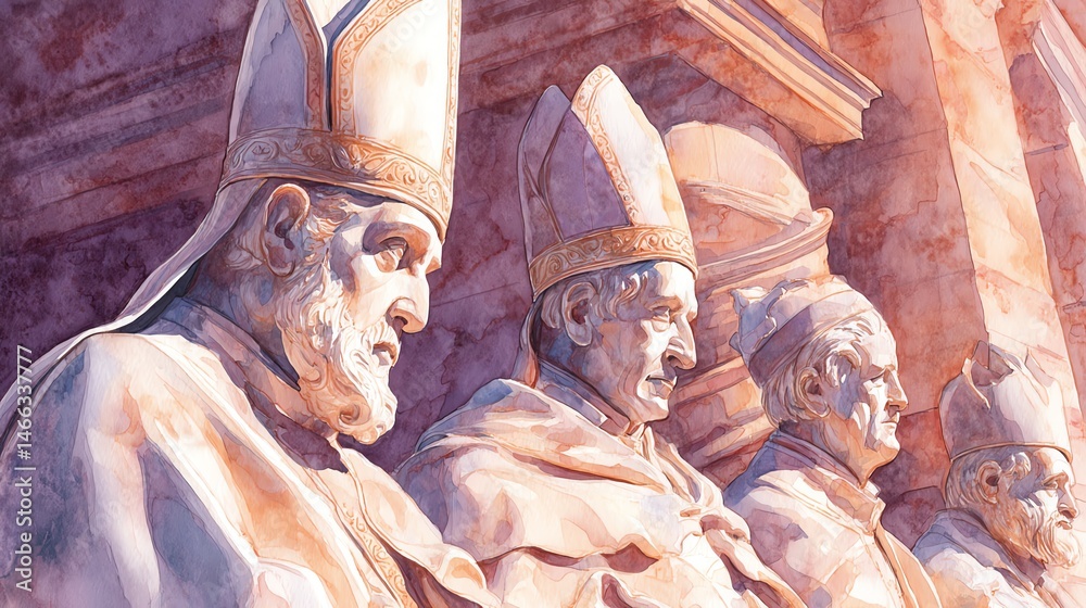 Statues of religious figures with majestic hats, white background.