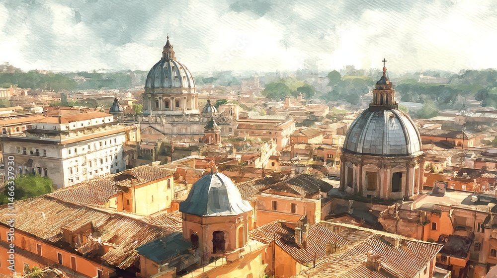 Aerial view of historic cityscape with domes and ornate buildings under dramatic skies.
