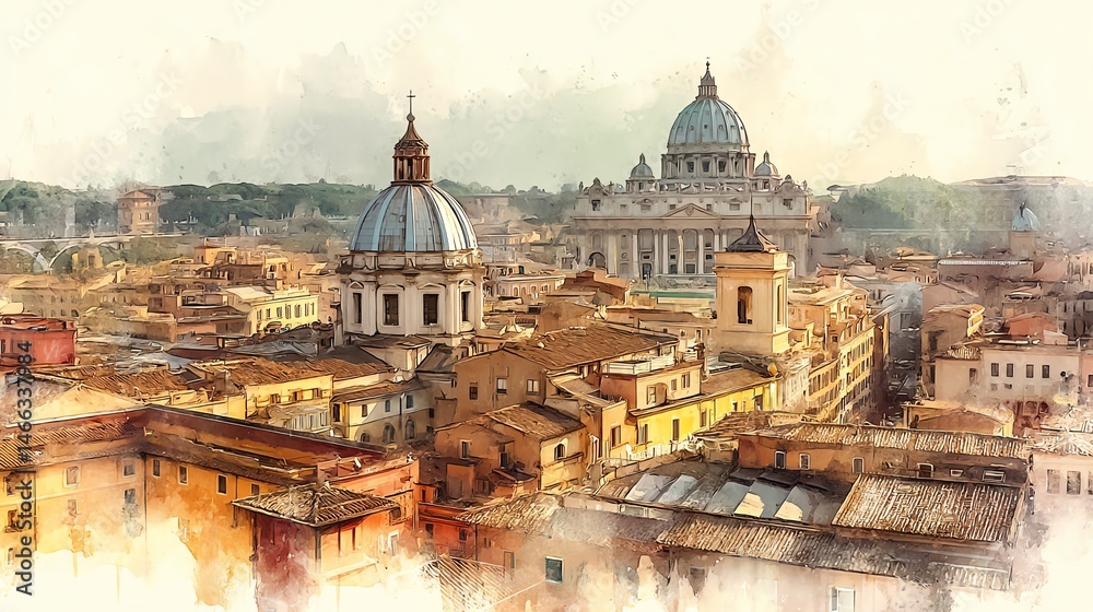 Beautiful watercolor view of historic cityscape with iconic domes and rooftops.
