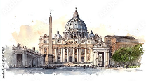 St. Peter's Basilica sketch, famous landmark in Vatican City, clear white background.