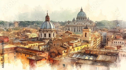 Obraz na płótnie Beautiful watercolor view of historic cityscape with iconic domes and rooftops. w salonie