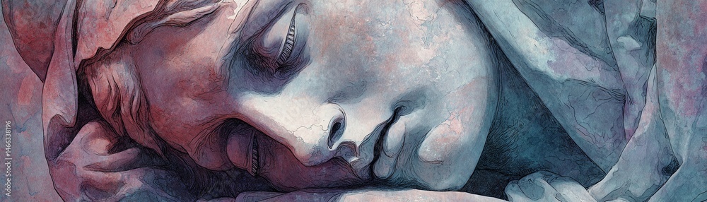 Sleeping figure sculpture in soft hues, detailed artistry, serene expression.