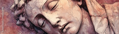 Artistic representation of a serene face, intricate details, soft colors, peaceful expression.