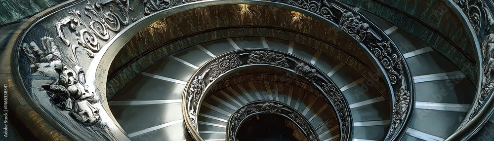 Spiral staircase with intricate details, illuminated from above, showcasing architectural beauty.
