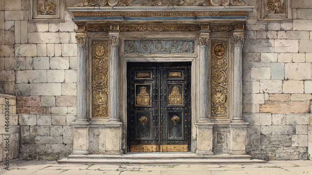 Historic ornate door with intricate designs, stone structure, detailed craftsmanship.