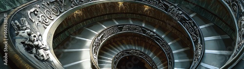 Obraz na płótnie Spiral staircase with intricate details, illuminated from above, showcasing architectural beauty. w salonie