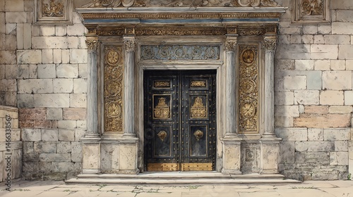 Obraz na płótnie Historic ornate door with intricate designs, stone structure, detailed craftsmanship. w salonie