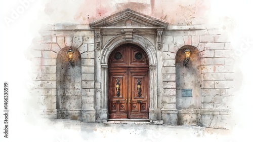 Elegant entrance with wooden doors and stone walls, artistic watercolor effect.