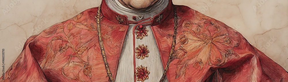 Religious figure in ornate red vestments, detailed fabric texture.