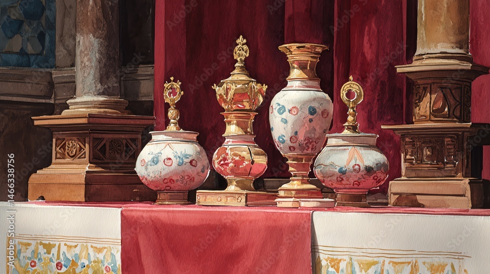 Ornate vases on an altar with rich colors and intricate patterns, against a bold background.