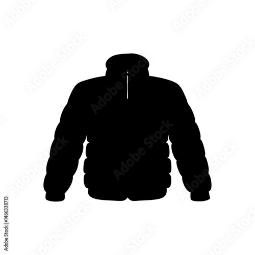 puffer jacket vector silhouette icon, black and white illustration of clothing.
