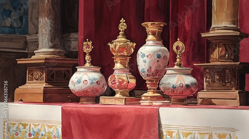 Obraz na płótnie Ornate vases on an altar with rich colors and intricate patterns, against a bold background. w salonie