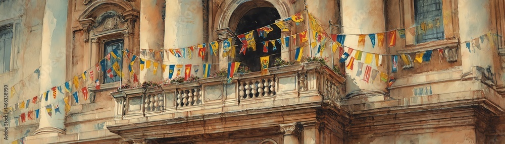 Historic building adorned with colorful flags and vibrant decor.