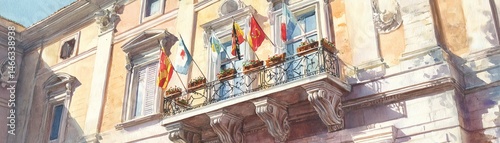 Elegant balcony adorned with flags and historical architecture, blue sky backdrop.