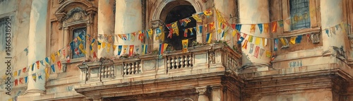 Obraz na płótnie Historic building adorned with colorful flags and vibrant decor. w salonie