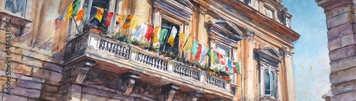 Historic building featuring ornate architecture and vibrant flags against a blue sky.