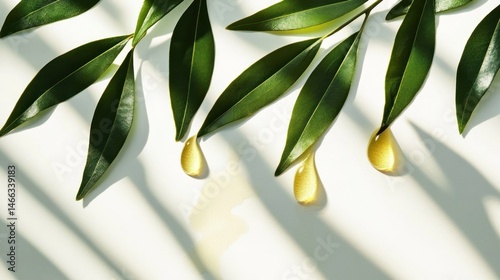 Natural, nourishing serum drops on lush leaves