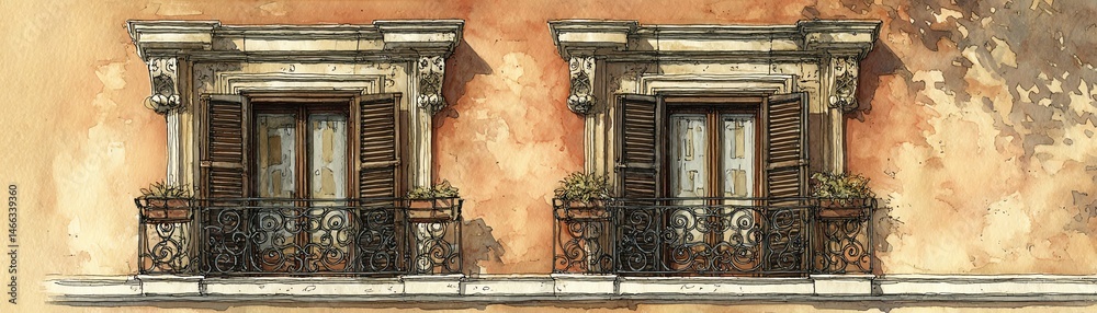 Two elegant balconies with wooden shutters on a textured wall.