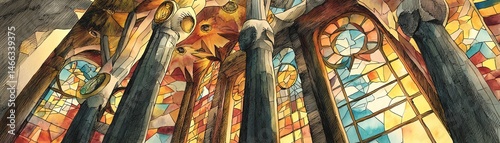Vibrant stained glass windows illuminating an ornate architectural interior.
