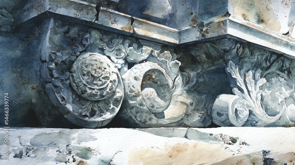 Intricate architectural detail, weathered stone carvings, artistic craftsmanship