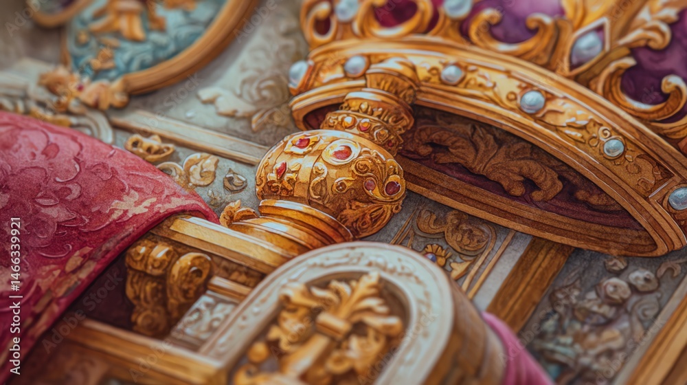 Close-up of an ornate crown with intricate decorations and rich colors.