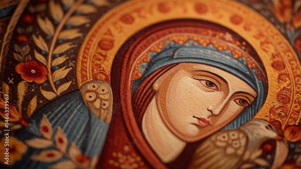 Intricate close-up of a religious icon with detailed artistry and vibrant colors.