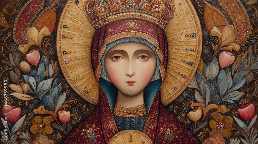 Intricate icon of a serene religious figure with floral motifs.