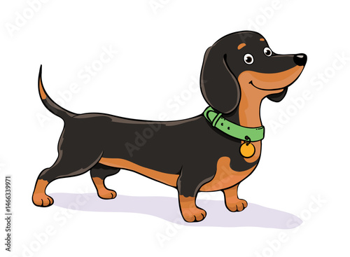 Cartoon Dachshund with green collar, friendly expression