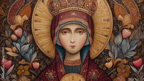 Obraz na płótnie Intricate icon of a serene religious figure with floral motifs. w salonie