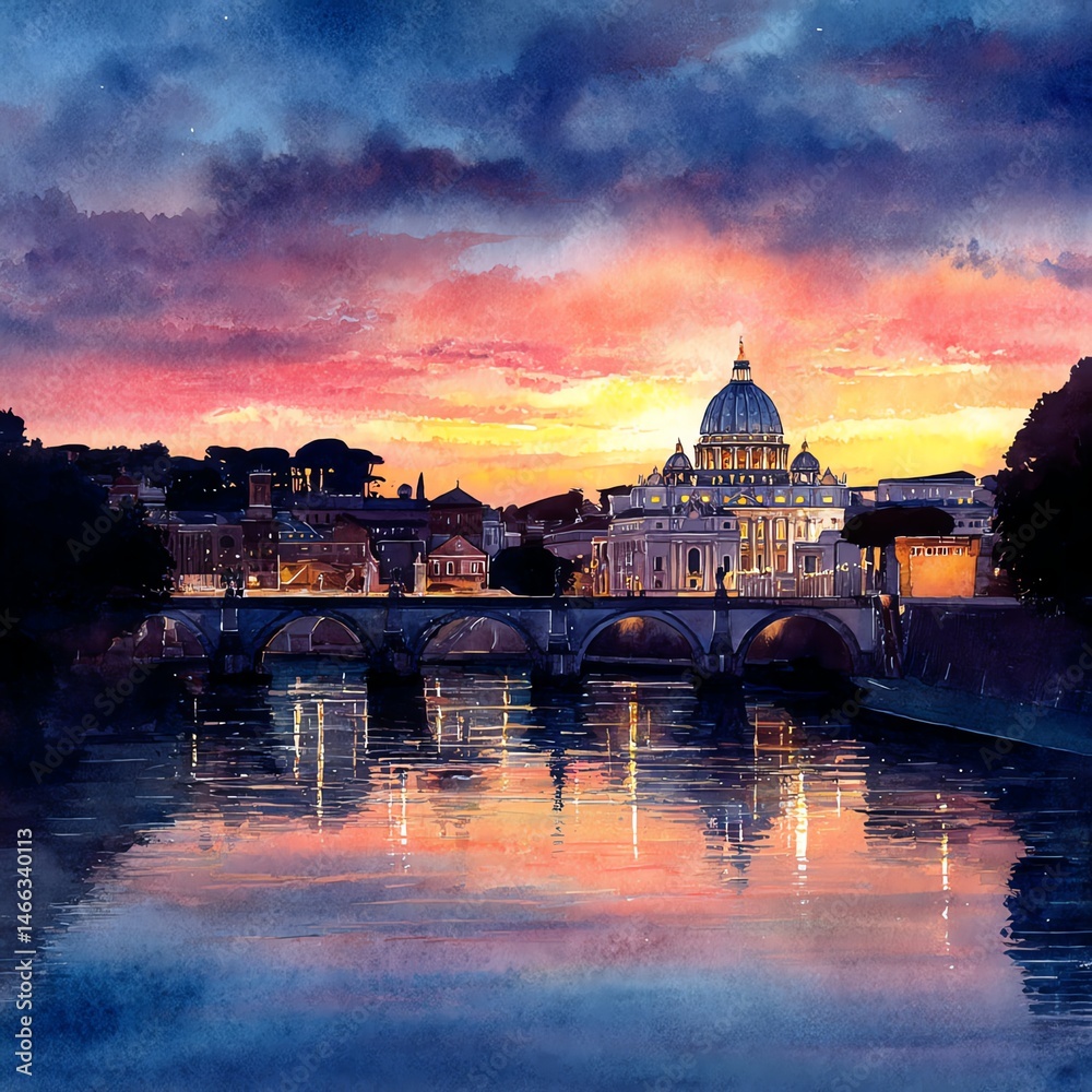 Scenic view of a historic city skyline at sunset with reflections on the water.