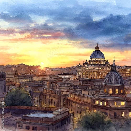 Obraz na płótnie Beautiful sunset over the city with historical architecture and dramatic sky. w salonie