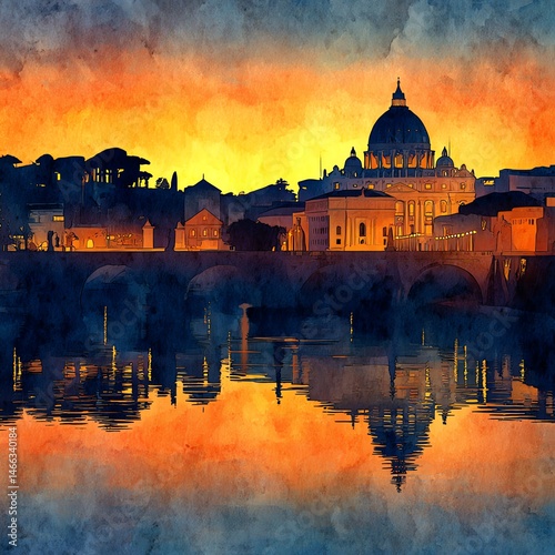 Scenic view of St. Peter's Basilica at sunset, reflecting in the water.