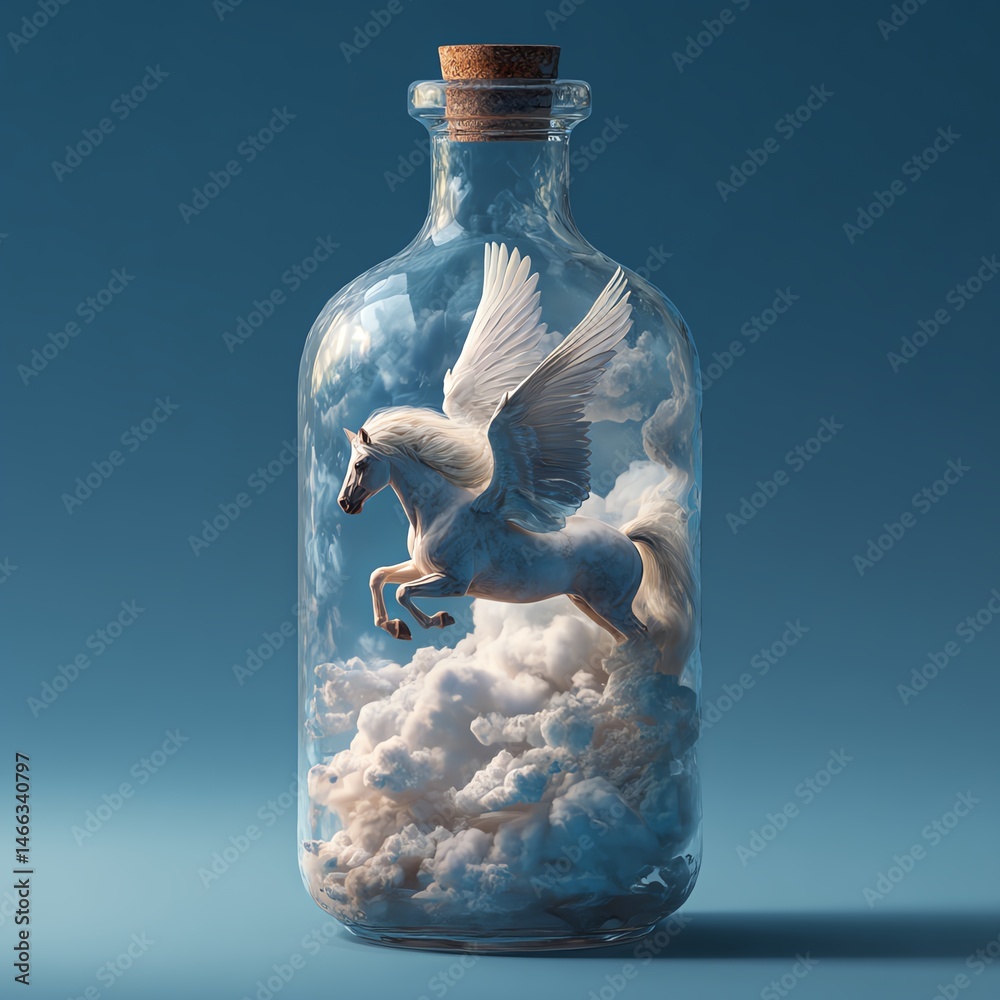 Pegasus in a bottle, surrounded by clouds, magical realism art.