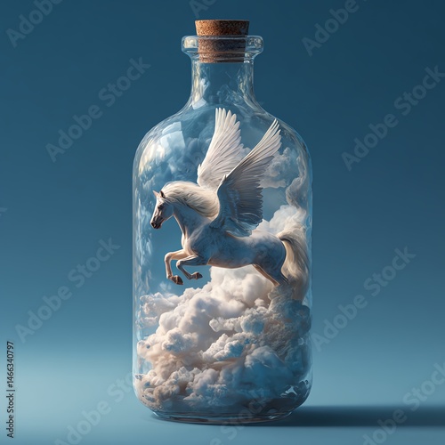 Obraz na płótnie Pegasus in a bottle, surrounded by clouds, magical realism art. w salonie