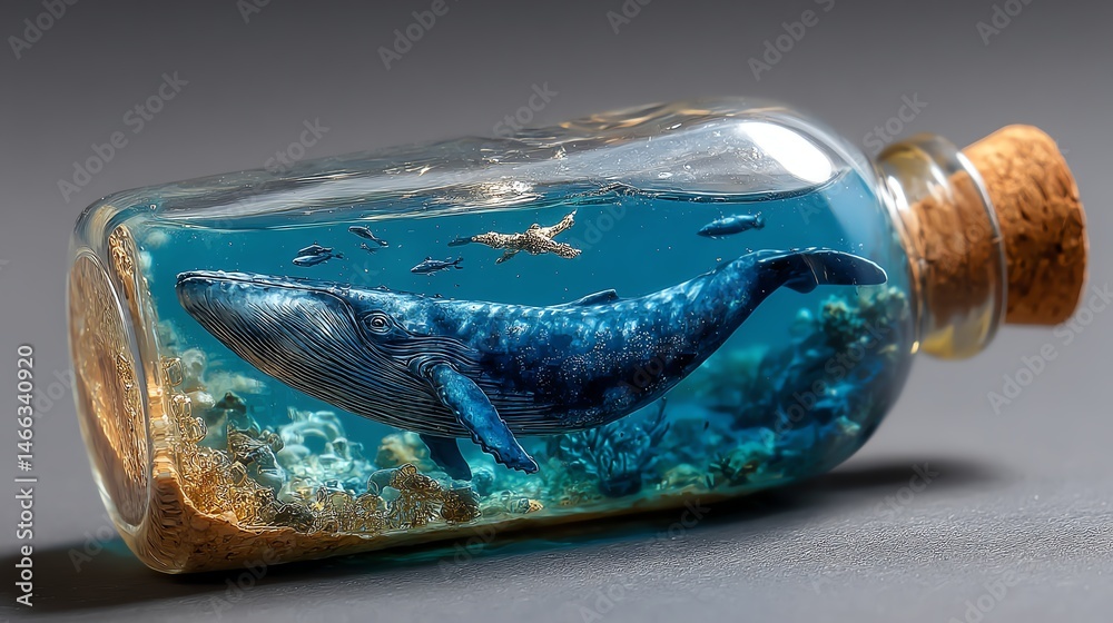 Glass bottle with underwater scene featuring a whale swimming gracefully.